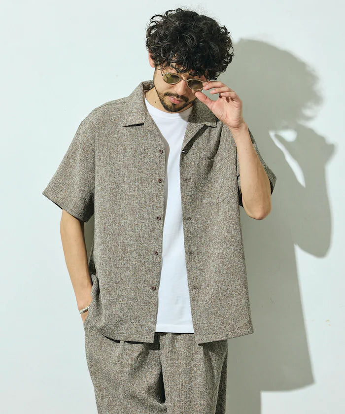 Dry Touch Summer Tweed Short Sleeve Open Collar Shirt