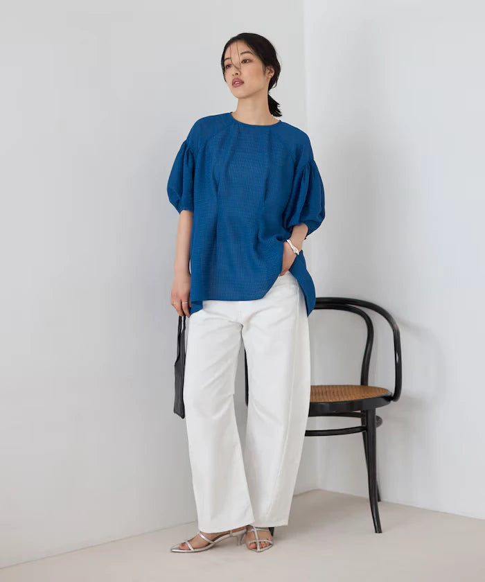 Sheer Check Balloon Sleeve Blouse