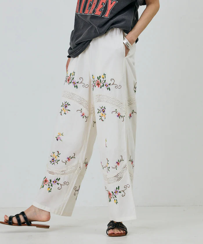 India Flower Cross Embroidery Lace Pants