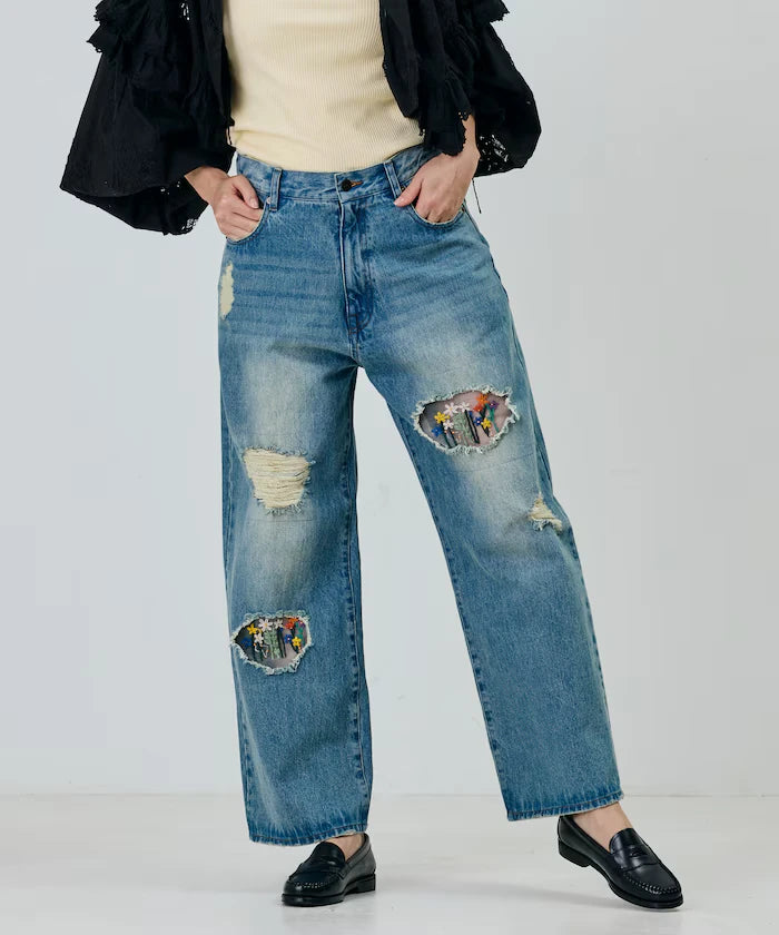 Flower Embroidery Wide Denim