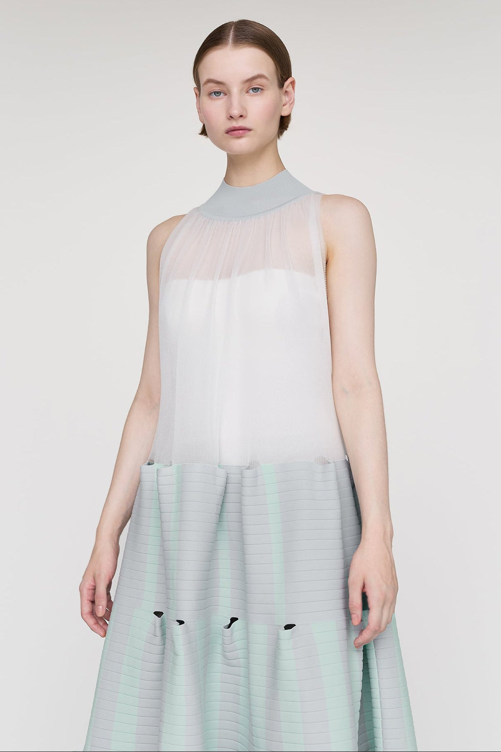 TERRACED LUCENT SLEEVELESS DRESS