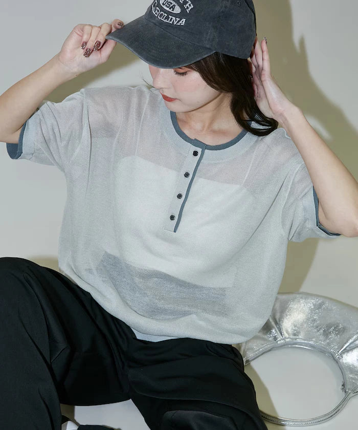 Washable linen color block henley neck knit top limited release