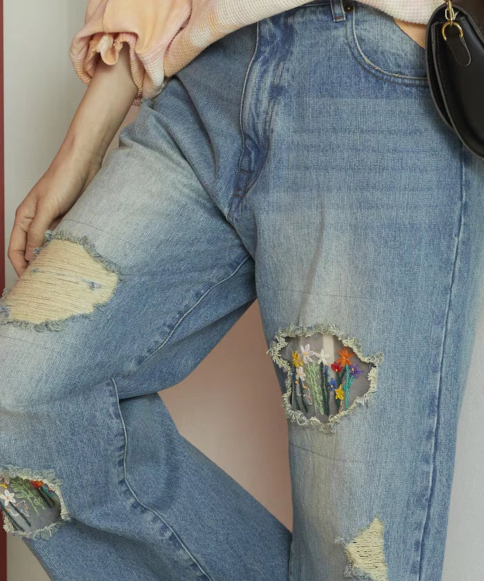 Flower Embroidery Wide Denim