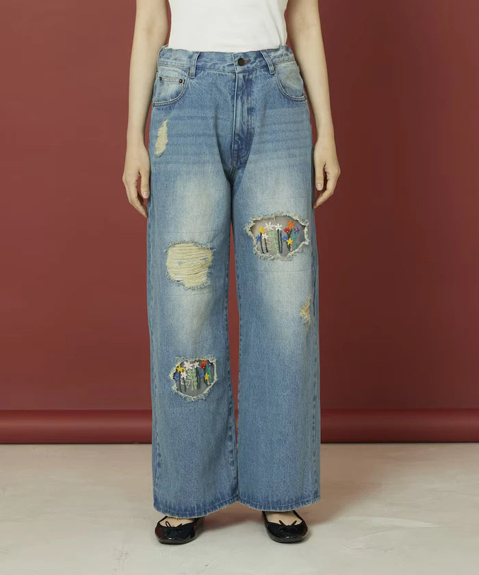 Flower Embroidery Wide Denim