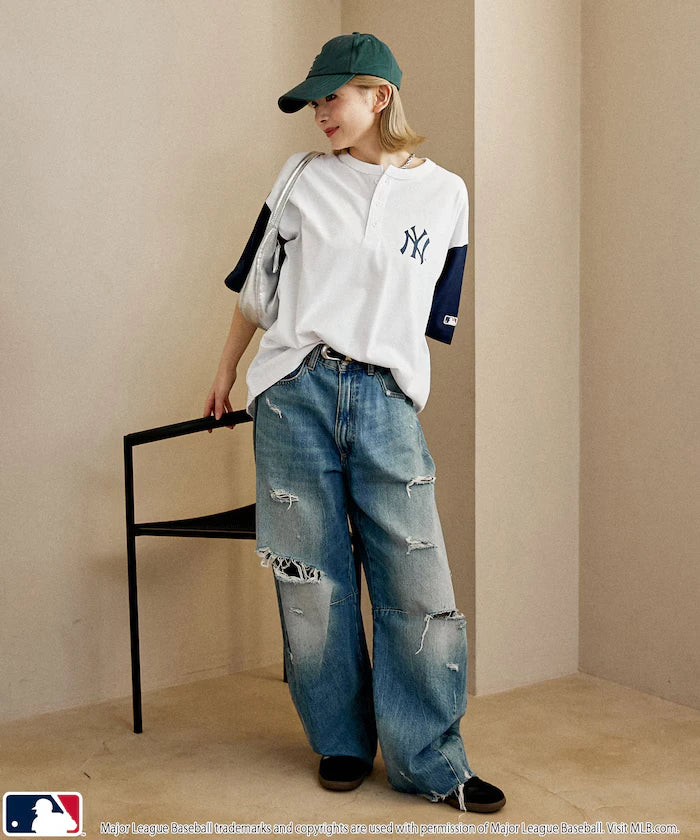 Limited Edition MLB Logo Print Henley Neck Oversized T-Shirt