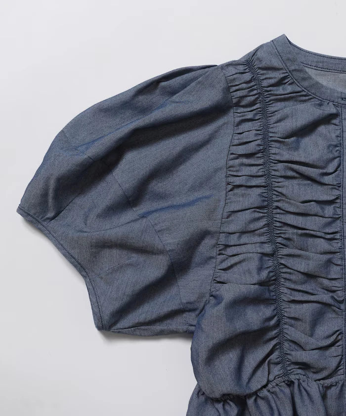 Sheer Shirring Volume Sleeve Blouse / 5 Short Sleeves