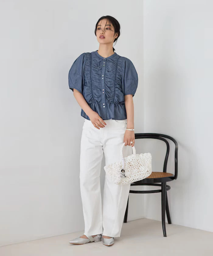 Sheer Shirring Volume Sleeve Blouse / 5 Short Sleeves
