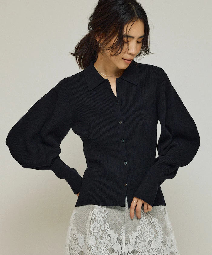 Functional material silk blend knit polo volume sleeve knit cardigan / anti-pill / machine washable