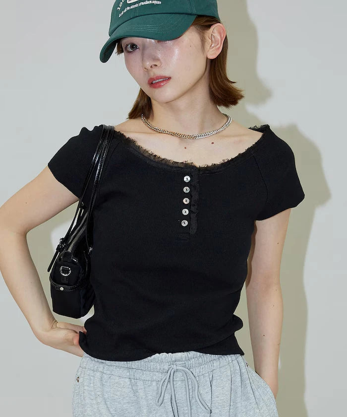 Collar Lace Contrast Henry Rib T-Shirt