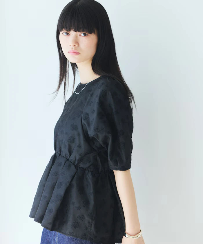 Flower Sheer Jacquard Volume Sleeve Peplum Blouse / 5 Minutes Sleeve