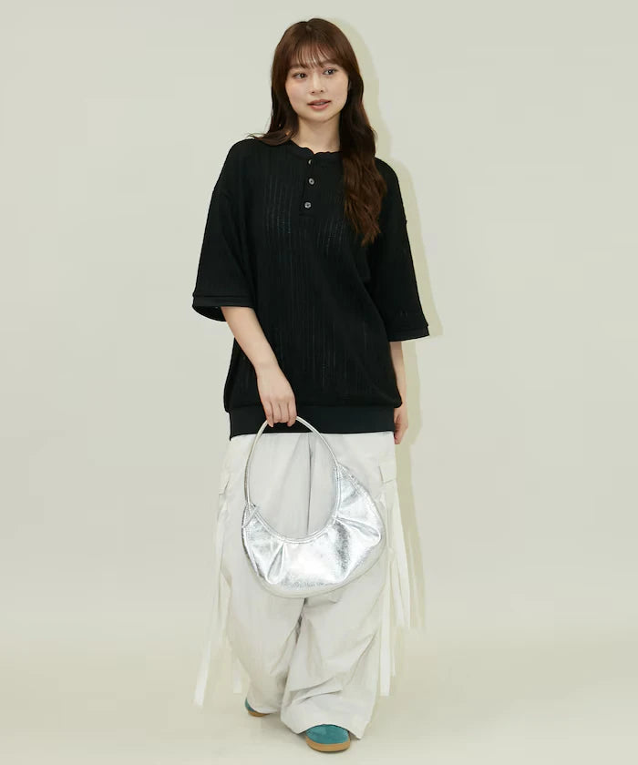 LOVE POP STUDIO Pattern Mesh Henley Neck T-Shirt Limited Release