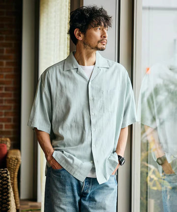 Jacquard Relaxed Fit Open Collar Short Sleeve Shirt Semi-Sheer Dobby Weave
