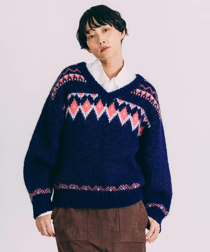 V-neck color block Nordic pattern knit