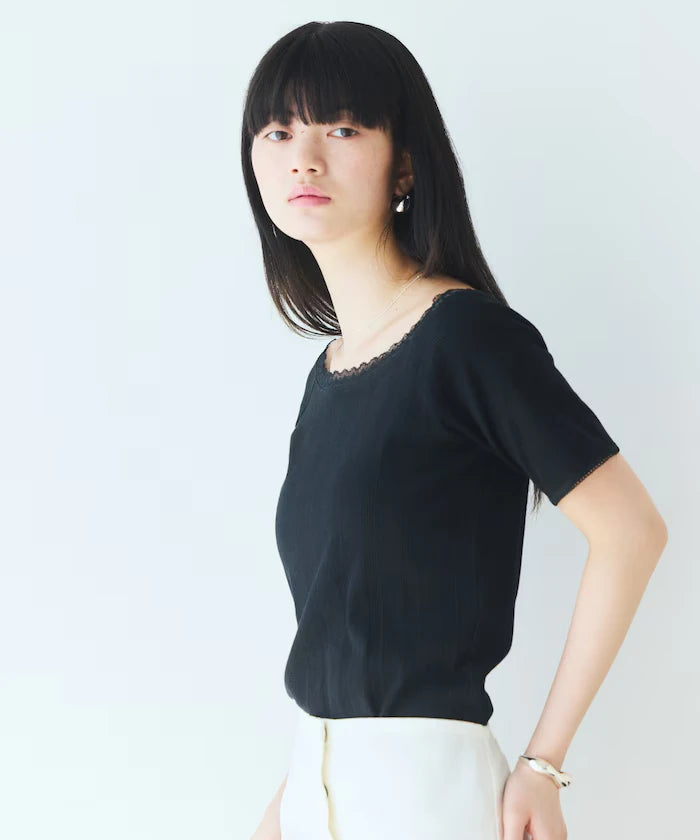 Boat Neck Pullover Knit Lace T-Shirt