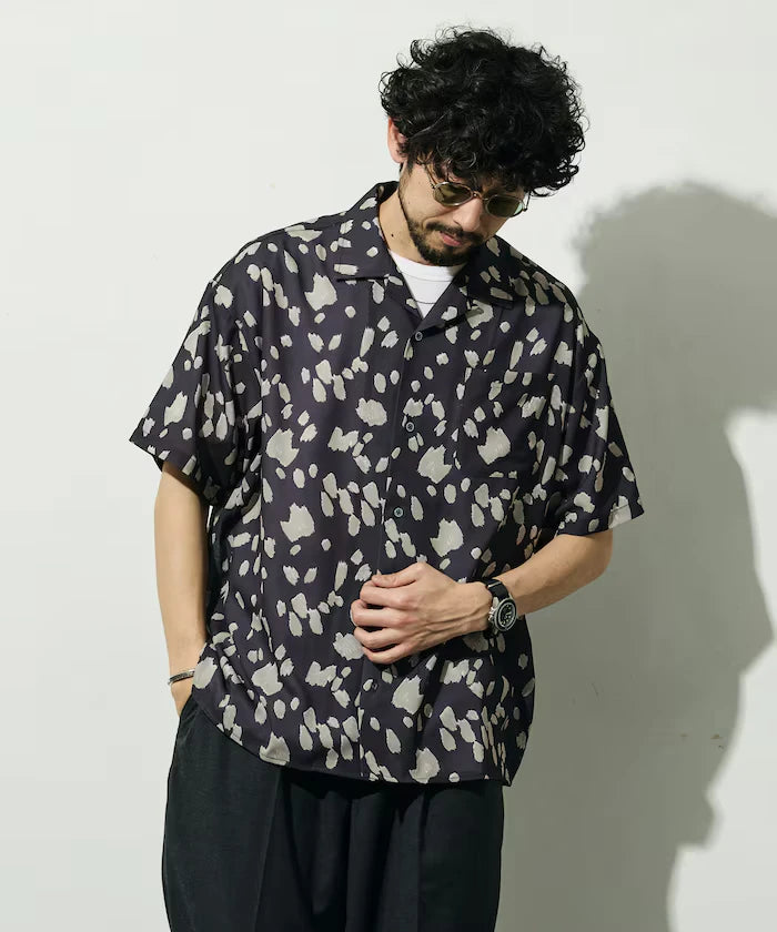 Mesh Open Collar Pattern Short Sleeve Shirt / Allover Design Open Collar Shirt / Big Silhouette