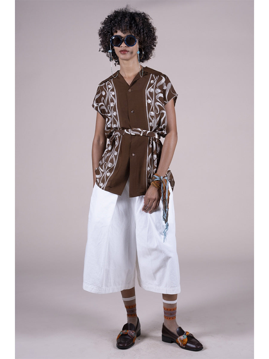 Silk Rayon Okra Pattern French Sleeve Open Collar Shirt