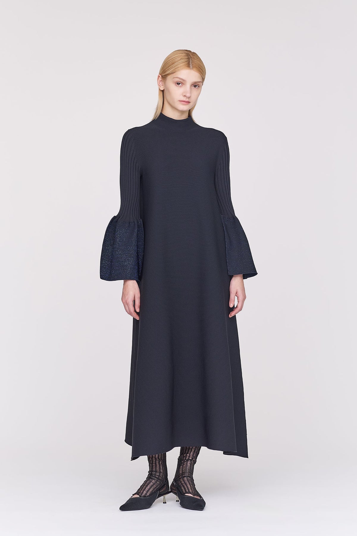 POTTERY GLITTER MOCKNECK LONG BELL SLEEVE FLARE DRESS