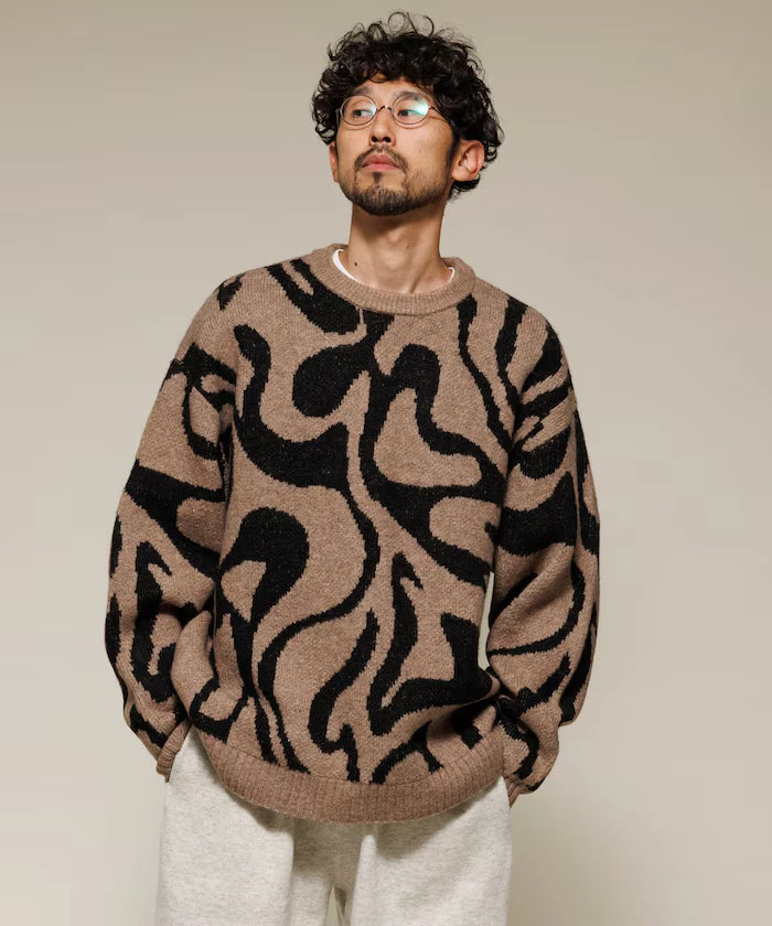 All-over Pattern Double Jacquard Knit Crew Neck Pullover / Relaxed Fit