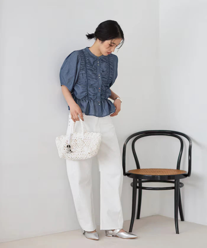 Sheer Shirring Volume Sleeve Blouse / 5 Short Sleeves