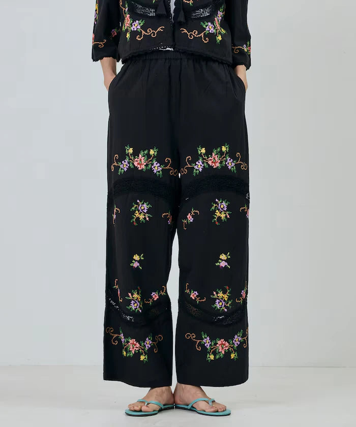 India Flower Cross Embroidery Lace Pants