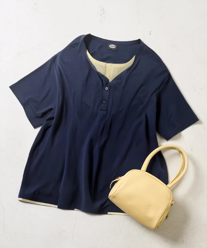 Fake Layered Henry Neck Cut-and-sew Short Sleeve T-shirt [Limited Edition]
