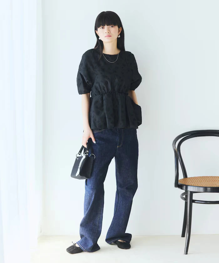 Flower Sheer Jacquard Volume Sleeve Peplum Blouse / 5 Minutes Sleeve