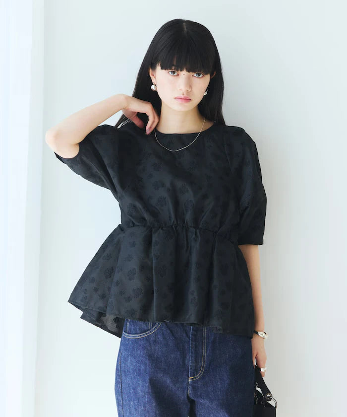 Flower Sheer Jacquard Volume Sleeve Peplum Blouse / 5 Minutes Sleeve