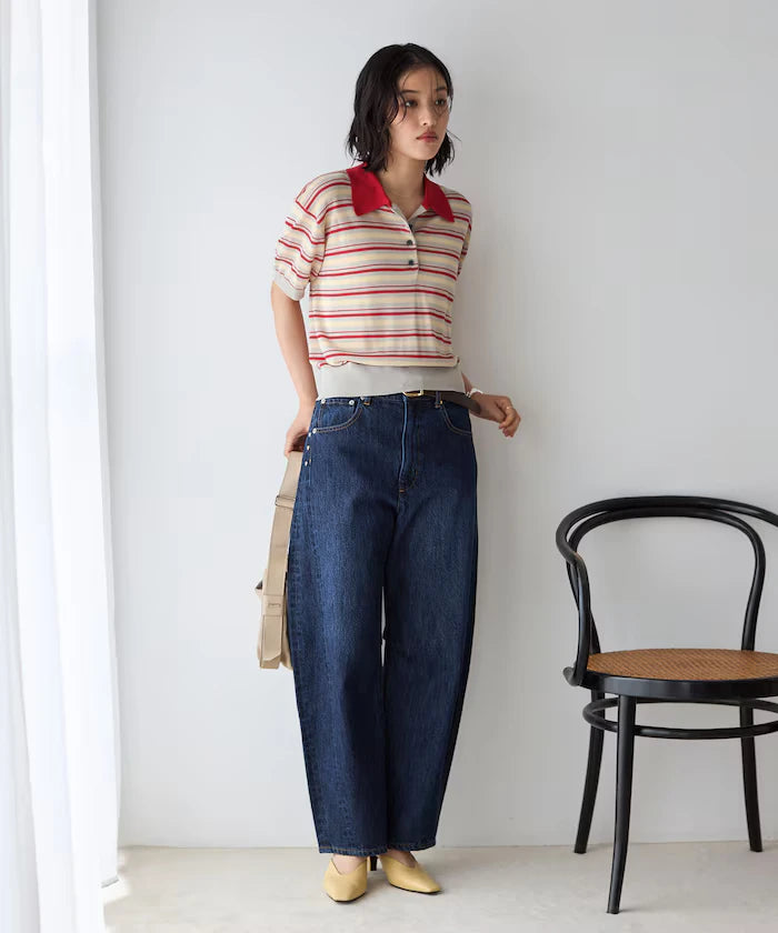 Relaxed Fit Color Design Polo Knit / Bicolor / Multi Stripe
