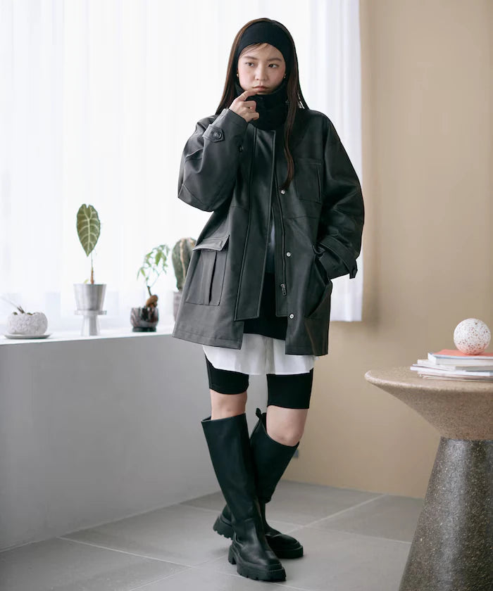 Oversized Crush Leatherette Jacket / Collar Corduroy