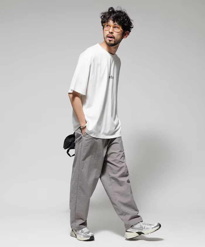 Wide Straight Nylon Track Pants / Tapered Silhouette Easy Nylon Pants