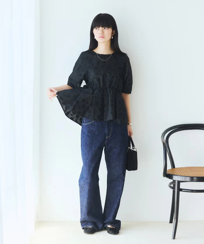 Flower Sheer Jacquard Volume Sleeve Peplum Blouse / 5 Minutes Sleeve