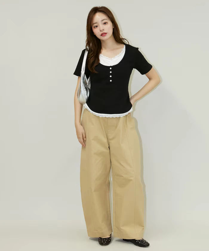 Short Sleeve Lace Layered Style Henley Neck T-Shirt Limited Edition
