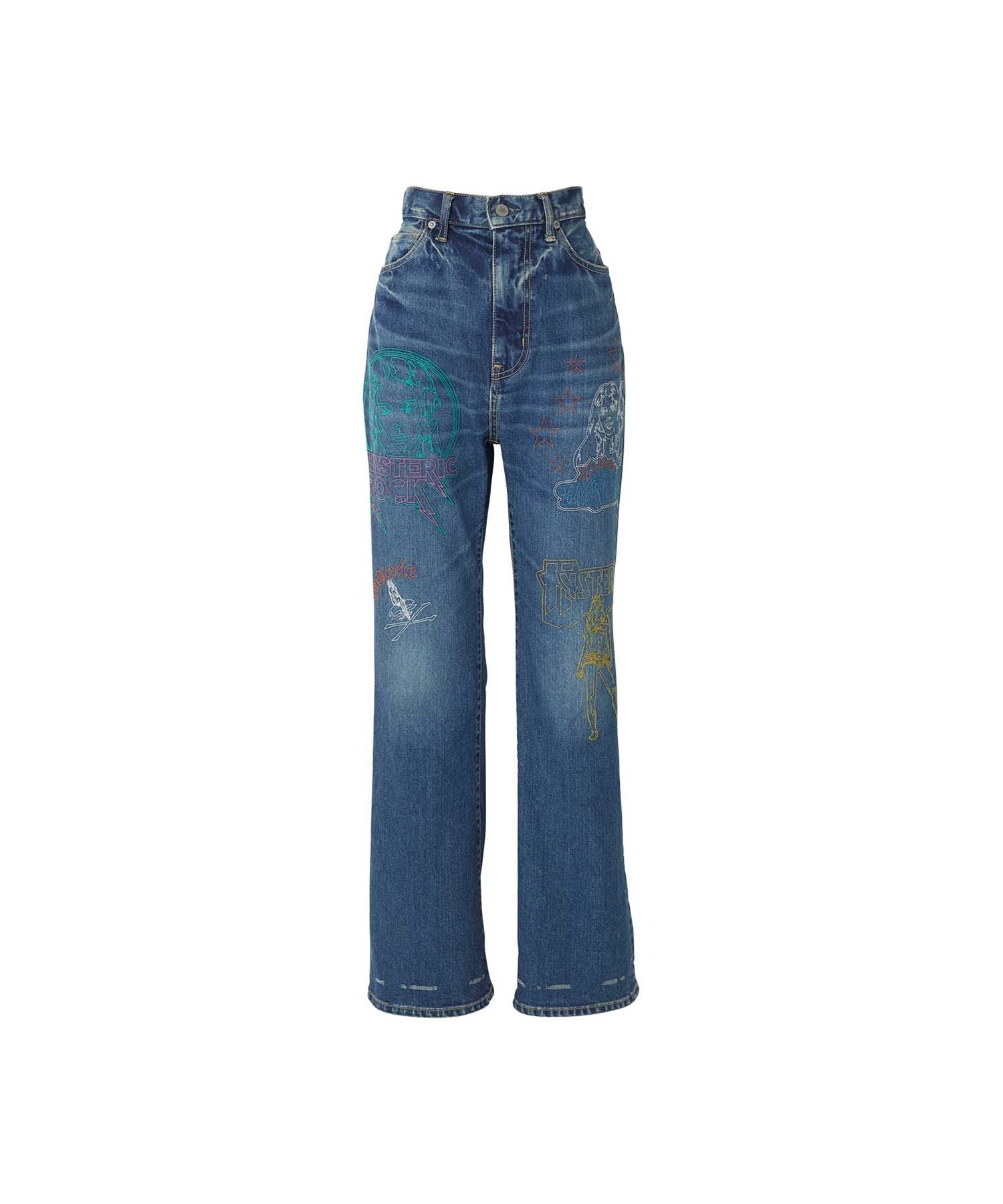 Hysteric Woman Scratch Stitch Embroidered Denim Flare Pants