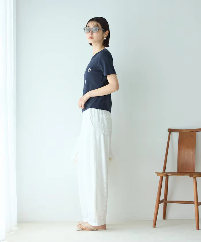 Shell Button Flower Motif Cotton Modal T-Shirt