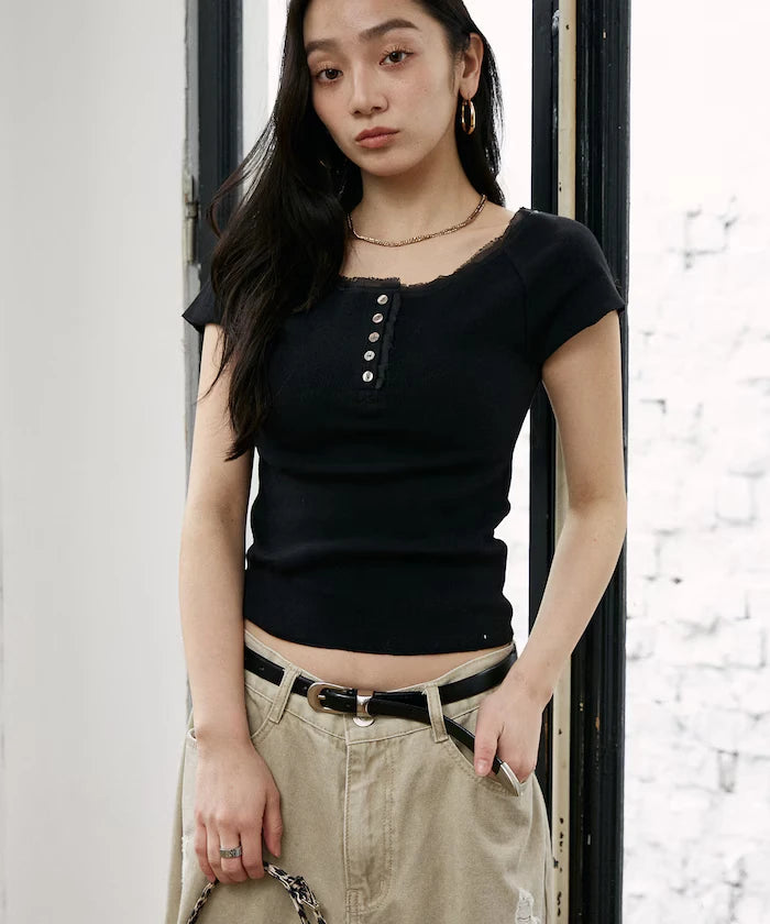 Collar Lace Contrast Henry Rib T-Shirt