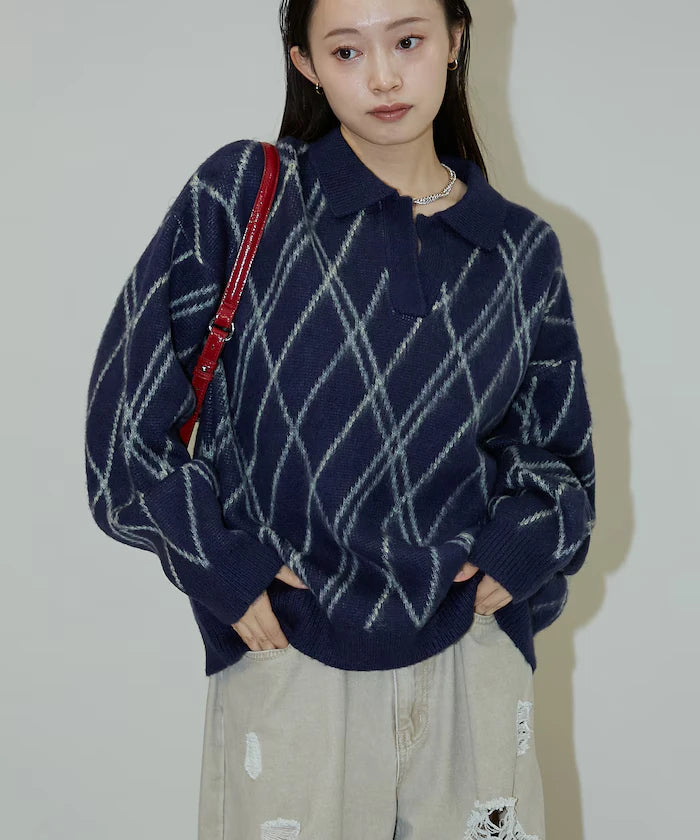 Checked pattern mohair touch skimmer knit limited edition