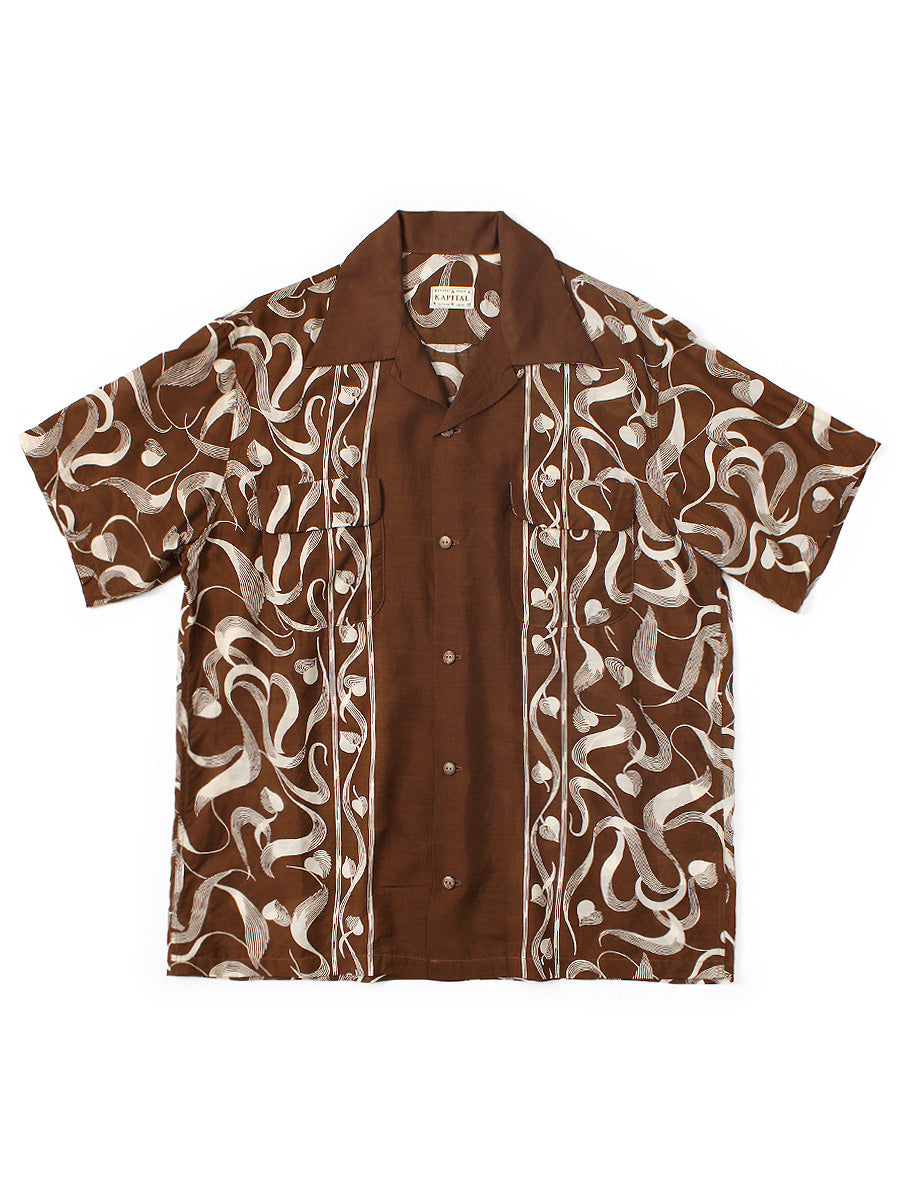 Silk rayon okra pattern short-sleeve open-collar shirt
