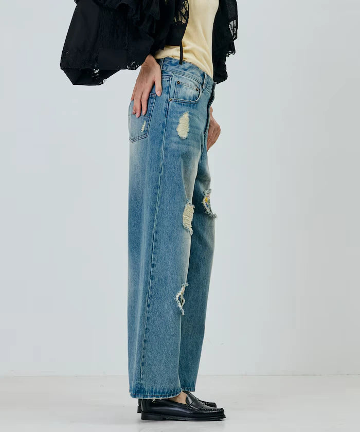 Flower Embroidery Wide Denim