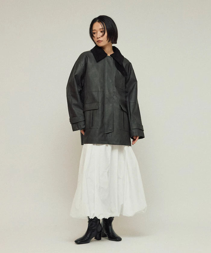 Oversized Crush Leatherette Jacket / Collar Corduroy