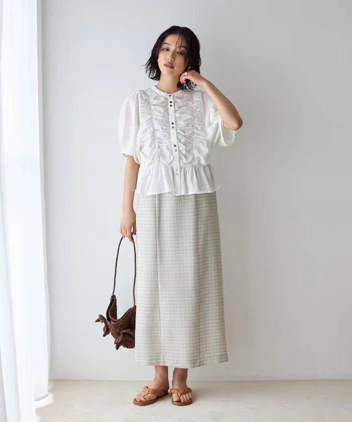 Sheer Shirring Volume Sleeve Blouse / 5 Short Sleeves