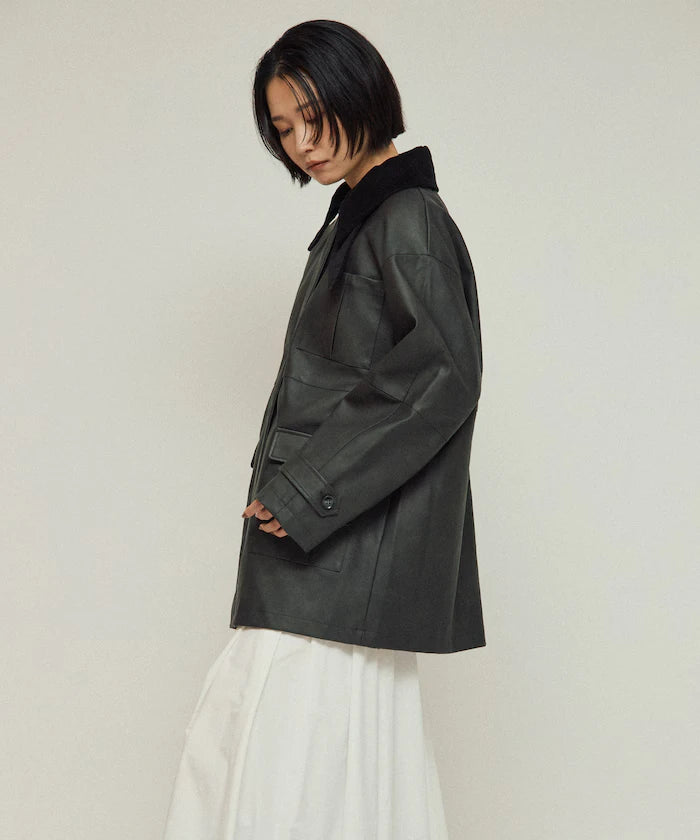 Oversized Crush Leatherette Jacket / Collar Corduroy
