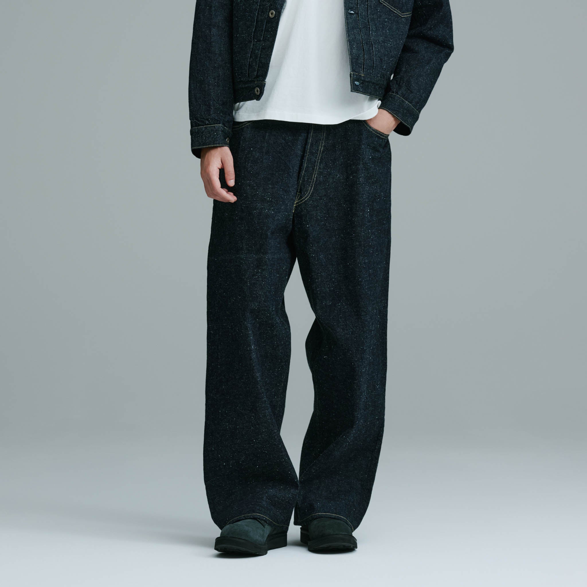 GL42579A / RECYCLED WASTE SUVIN COTTON YARN 14oz. DENIM 5POCKET WIDE PANTS