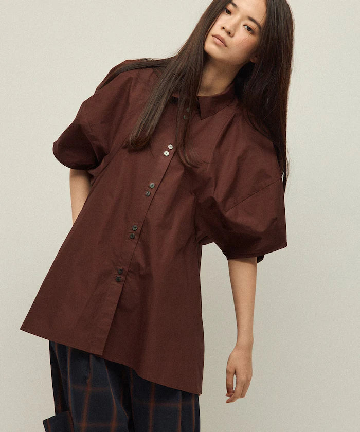 Switching Design Balloon Sleeve Shirt / 5-Minute Sleeve Blouse