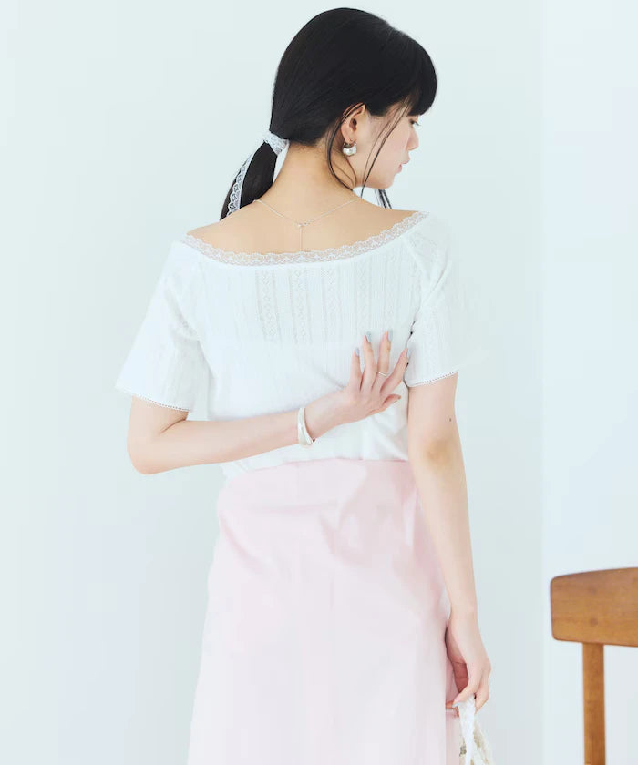 Boat Neck Pullover Knit Lace T-Shirt