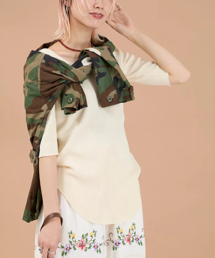 Ribbon Tied 2WAY Waffle 5 Sleeve T-Shirt