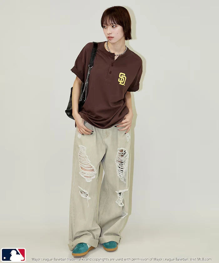 Limited Edition MLB Logo Print Henley Neck Oversized T-Shirt