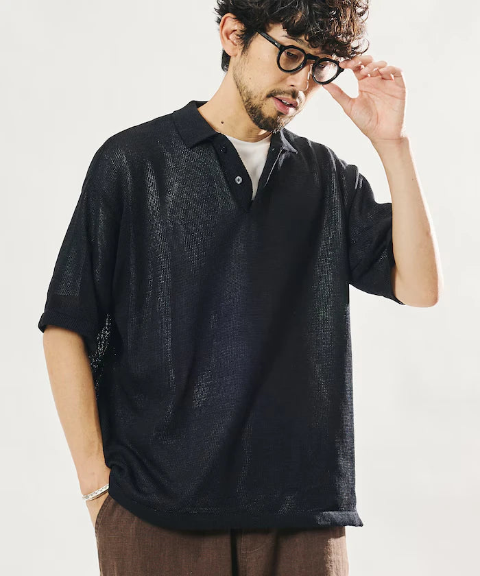 Sheer Knit Polo Shirt & Cotton T-Shirt Layered Set