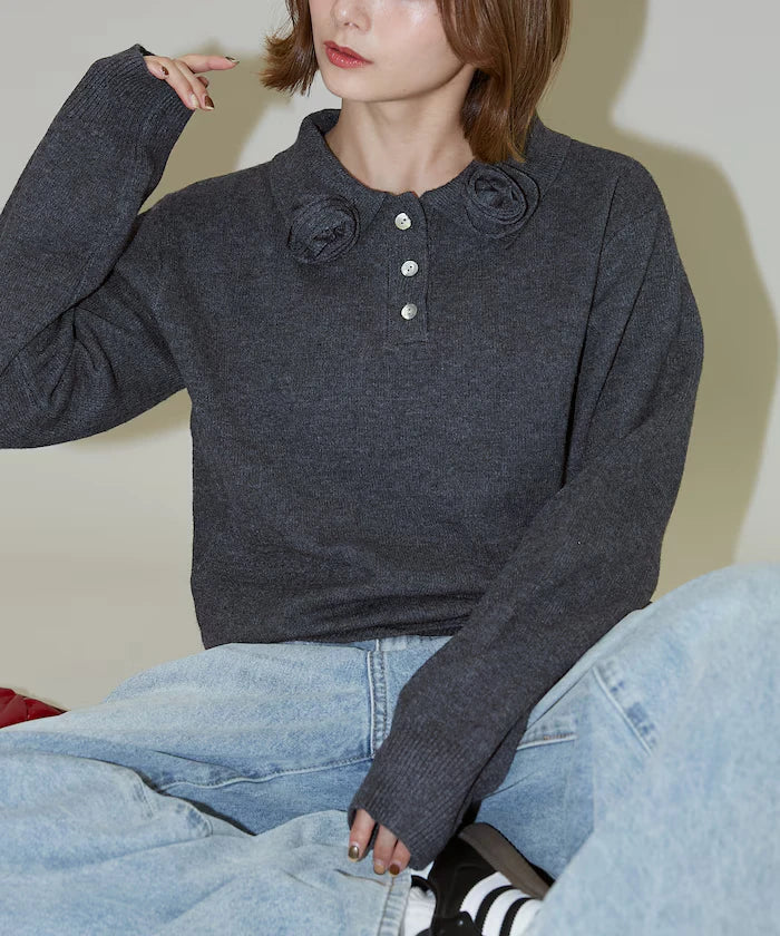 Polo knit pullover with flower motif - limited edition