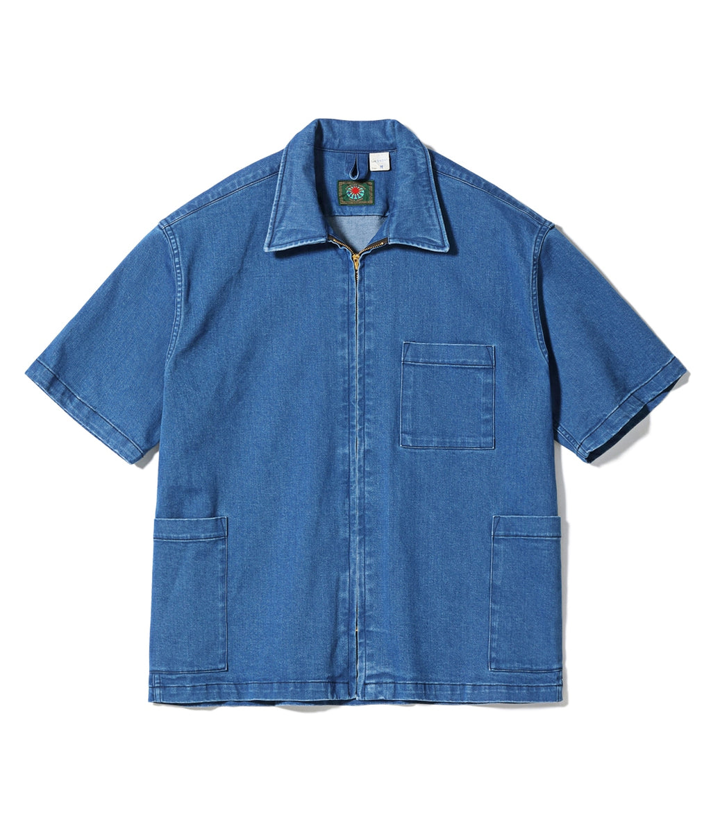 MODUCT CHINO DENIM SCRAB SHIRT with CRACK PRINT AGING MODEL