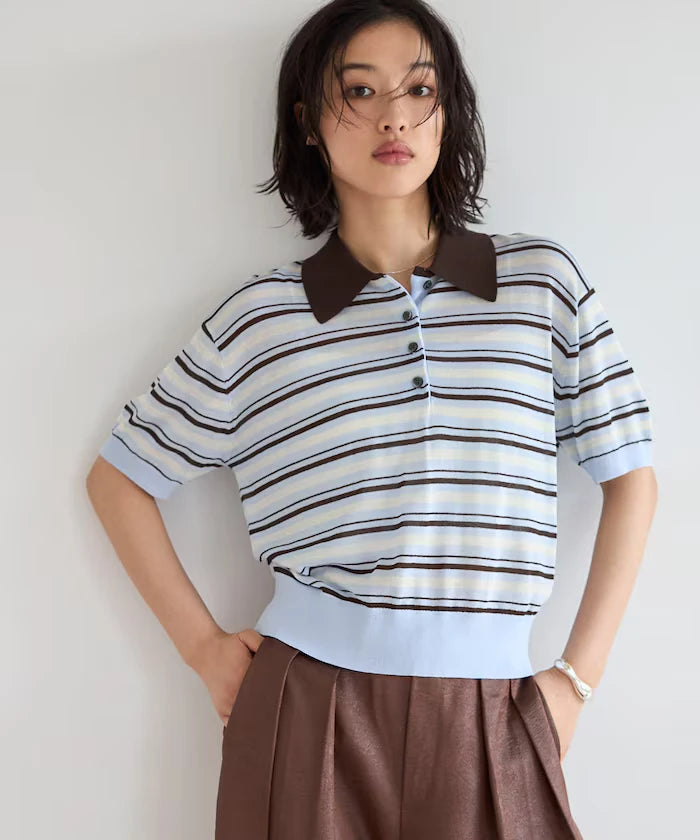Relaxed Fit Color Design Polo Knit / Bicolor / Multi Stripe